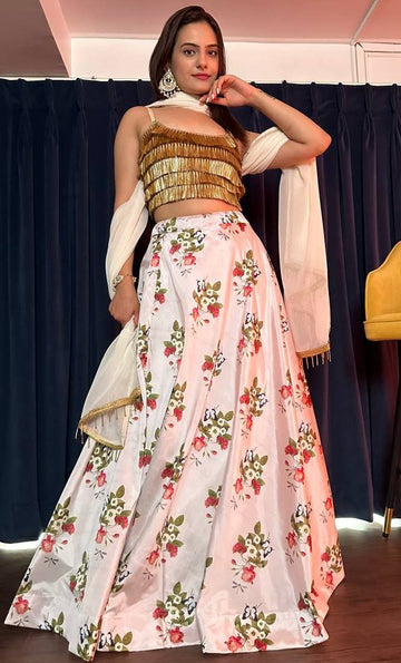 Magnetic White Color Silk Fabric Party Wear Lehenga