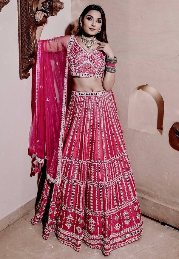 Striking Pink Color Silk  Fabric Party Wear Lehenga
