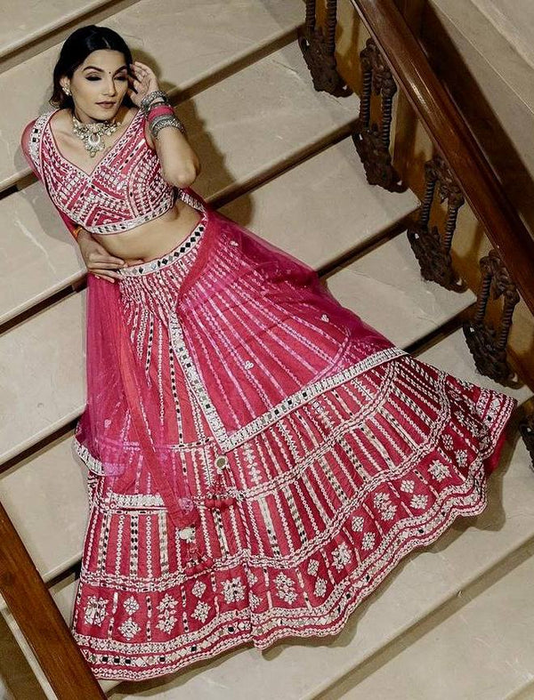 Striking Pink Color Silk  Fabric Party Wear Lehenga