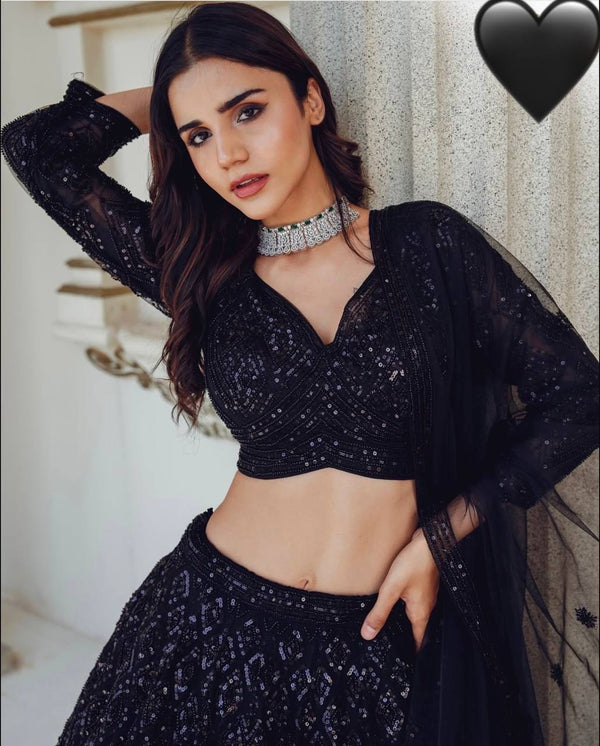 Striking Black Color Georgette  Fabric Party Wear Lehenga