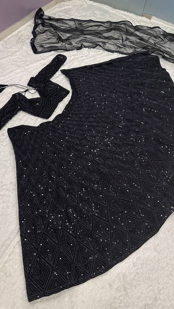 Striking Black Color Georgette  Fabric Party Wear Lehenga