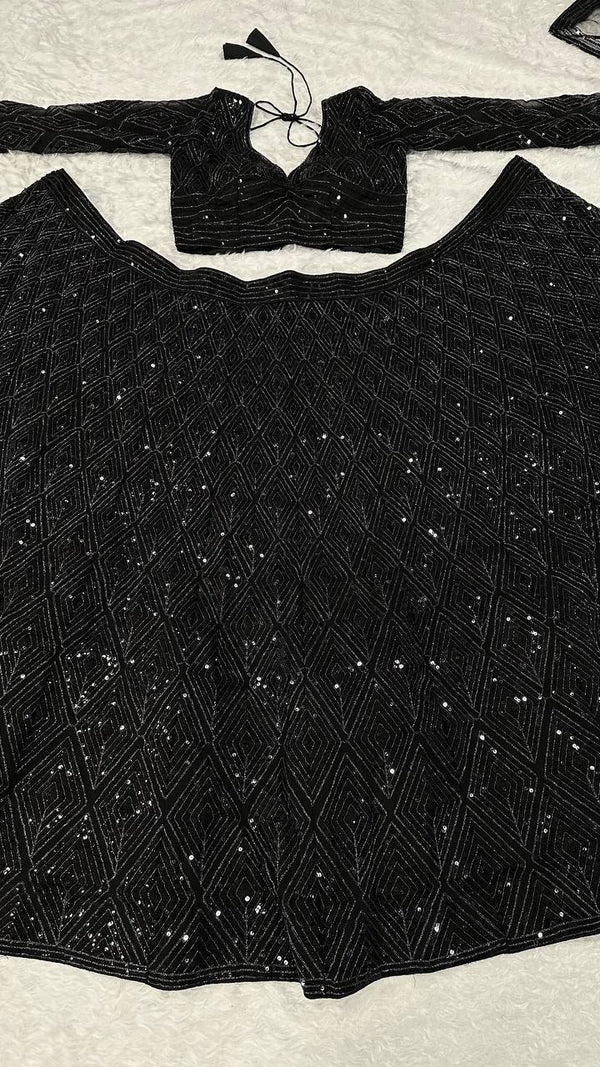 Striking Black Color Georgette  Fabric Party Wear Lehenga
