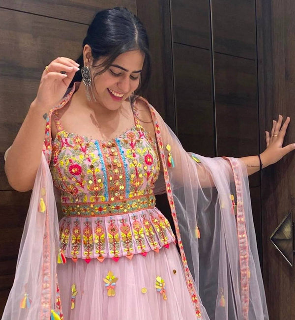 Striking Pink Color Net  Fabric Party Wear Lehenga