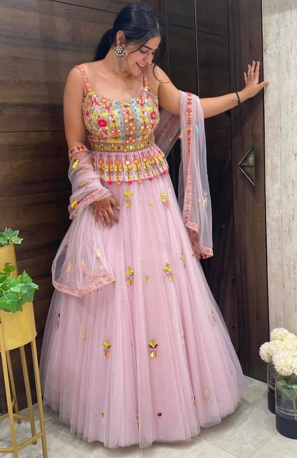Striking Pink Color Net  Fabric Party Wear Lehenga