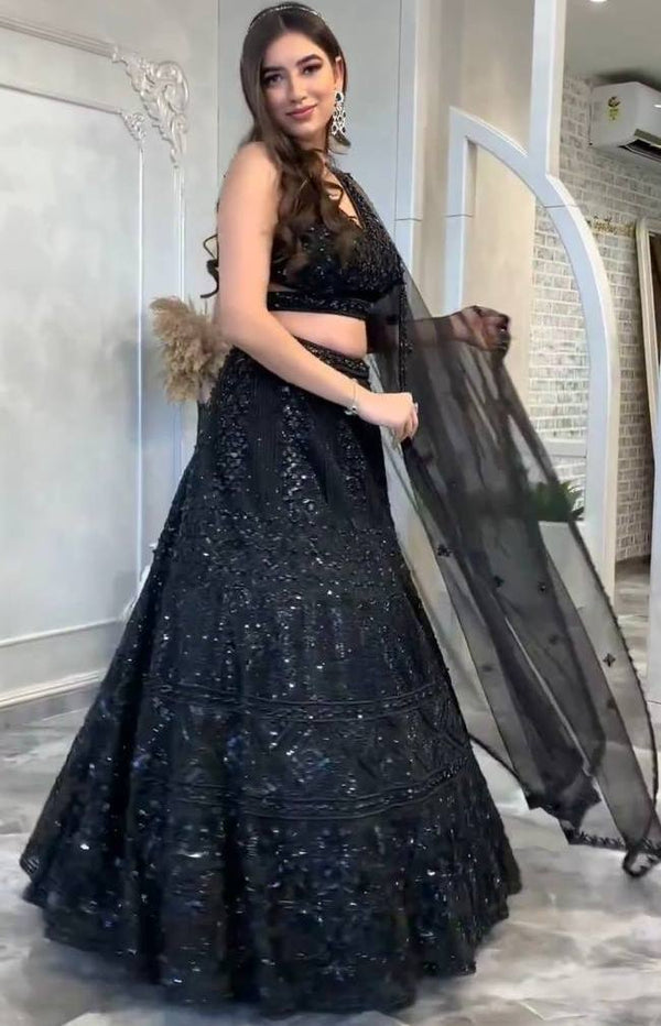 Pretty Black Color Net Fabric Party Wear Lehenga