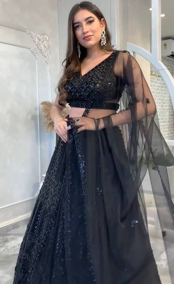 Pretty Black Color Net Fabric Party Wear Lehenga