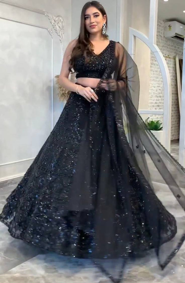 Pretty Black Color Net Fabric Party Wear Lehenga