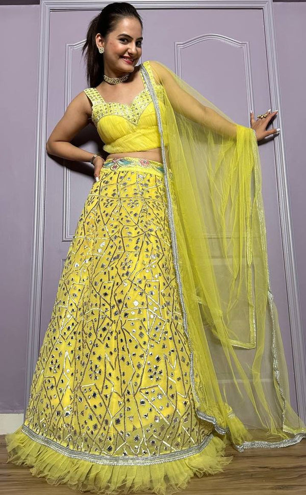 Pretty Yellow Color Georgette Fabric Party Wear Lehenga