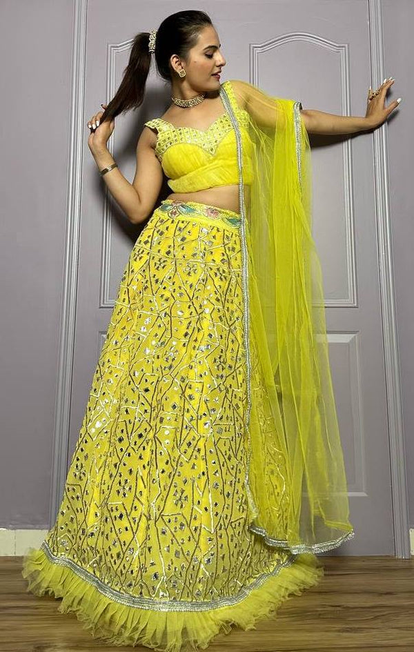 Pretty Yellow Color Georgette Fabric Party Wear Lehenga