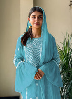 Amazing Aqua Color Georgette Fabric Plazzo Suit