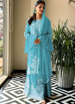 Amazing Aqua Color Georgette Fabric Plazzo Suit