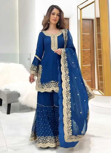 Amazing Blue Color Georgette Fabric Sharara Suit