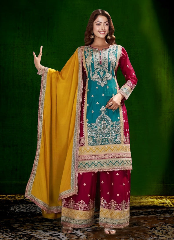 Amazing Turquoise Color Georgette Fabric Plazzo Suit