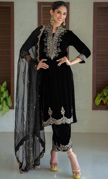 Beautiful Black Color Velvet Fabric Designer Suit