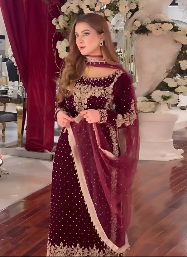 Beautiful Maroon Color Velvet Fabric Partywear Suit