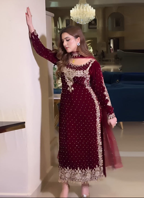 Beautiful Maroon Color Velvet Fabric Partywear Suit