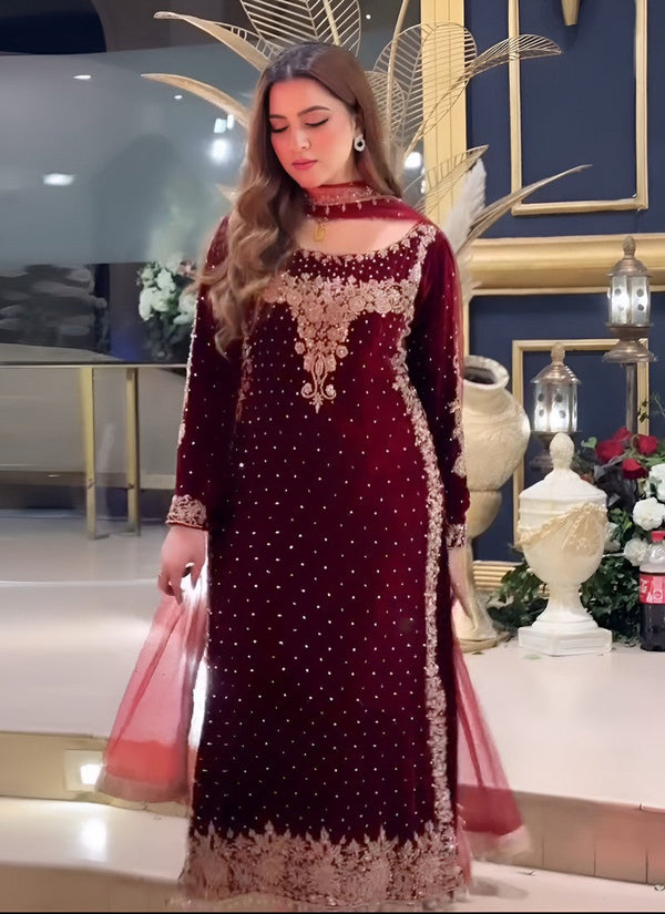 Beautiful Maroon Color Velvet Fabric Partywear Suit