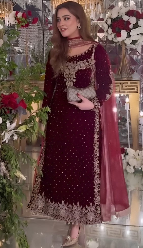 Beautiful Maroon Color Velvet Fabric Partywear Suit