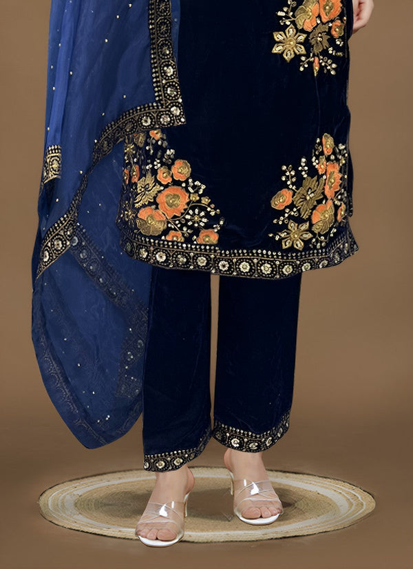 Beautiful Blue Color Velvet Fabric Designer Suit