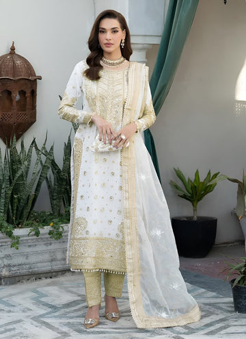 Amazing White Color Chinon Fabric Partywear Suit