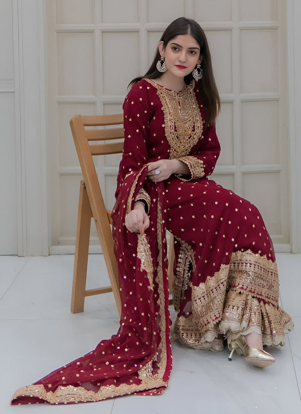 Amazing Maroon Color Georgette Fabric Plazzo Suit