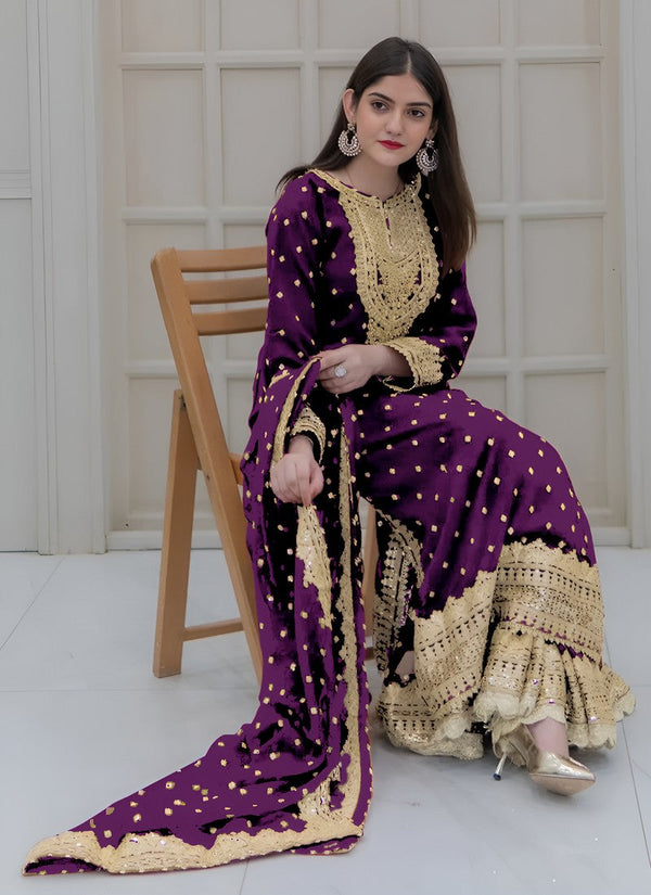 Amazing Wine Color Georgette Fabric Plazzo Suit