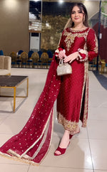 Pretty Red Color Satin Fabric Partywear Suit