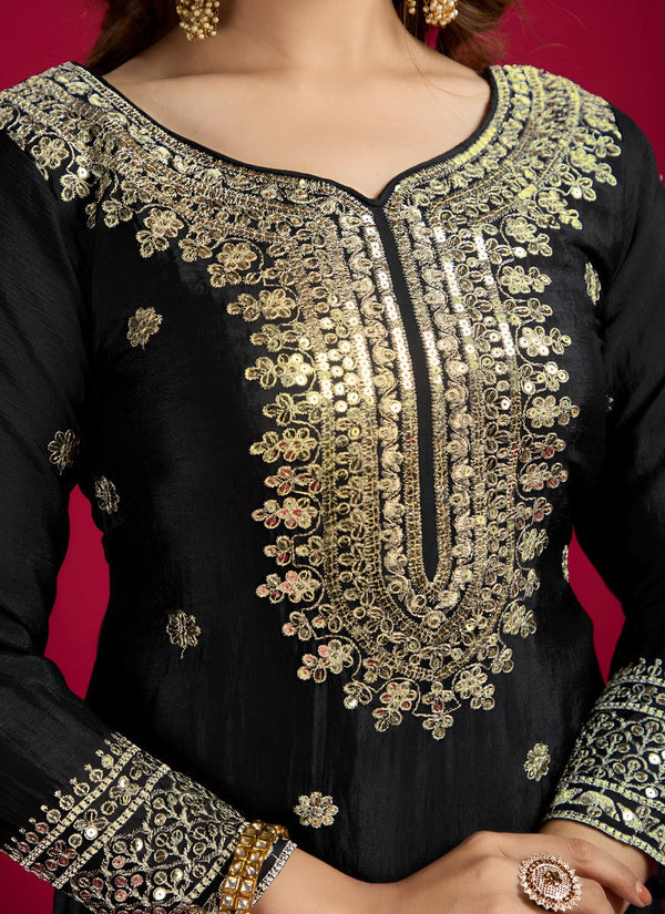 Pretty Black Color Silk Fabric Sharara Suit