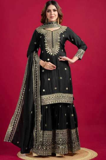 Pretty Black Color Silk Fabric Sharara Suit