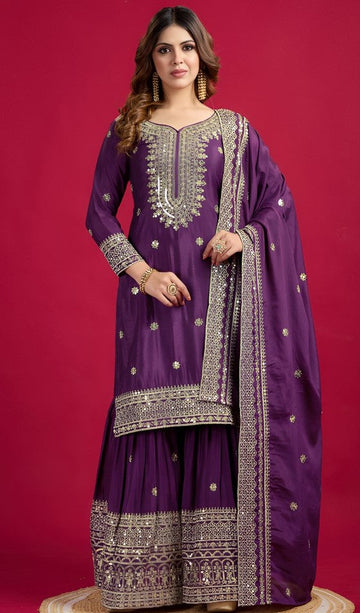 Pretty Purple Color Silk Fabric Sharara Suit