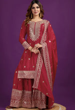 Pretty Red Color Silk Fabric Sharara Suit