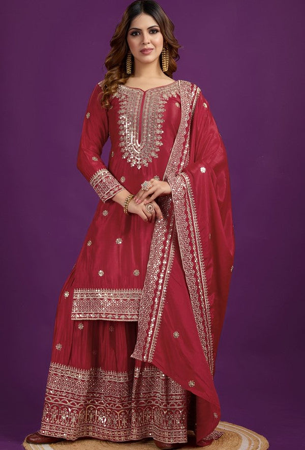 Pretty Red Color Silk Fabric Sharara Suit