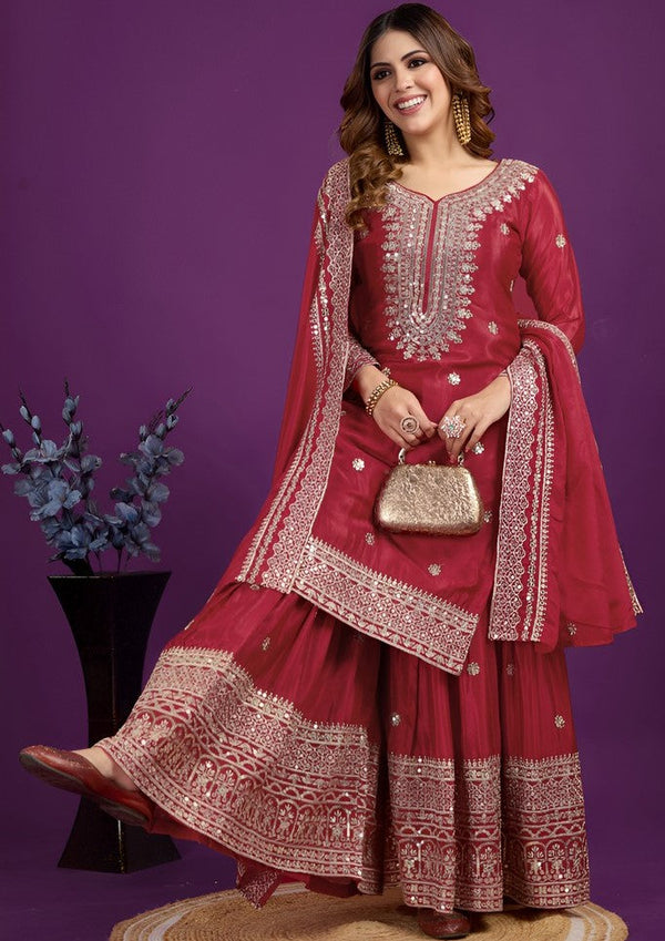 Pretty Red Color Silk Fabric Sharara Suit