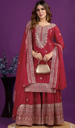 Pretty Red Color Silk Fabric Sharara Suit