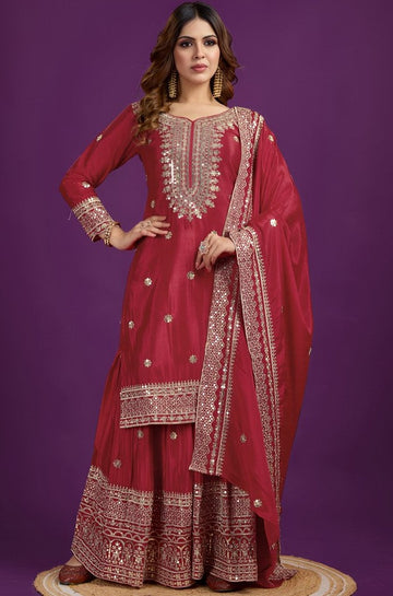 Pretty Red Color Silk Fabric Sharara Suit