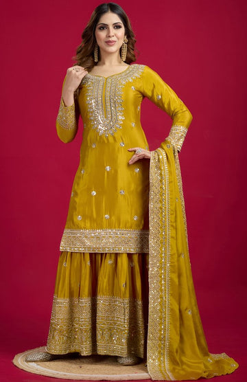 Pretty Yellow Color Silk Fabric Sharara Suit