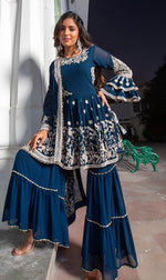 Pretty Teal Color Georgette Fabric Sharara Suit