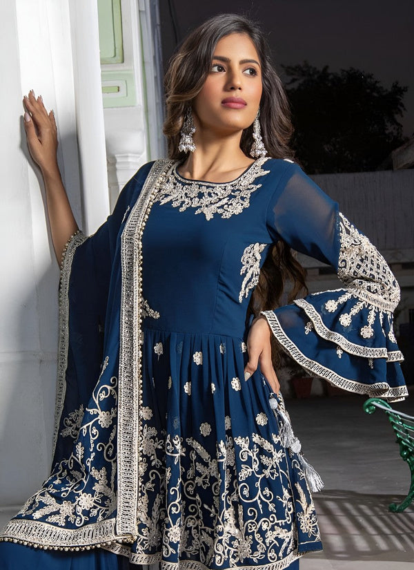 Pretty Teal Color Georgette Fabric Sharara Suit