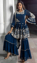 Pretty Teal Color Georgette Fabric Sharara Suit