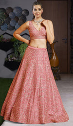 Dazzling Peach Color Satin Fabric Party Wear Lehenga