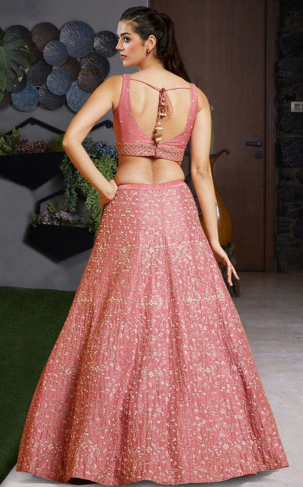 Dazzling Peach Color Satin Fabric Party Wear Lehenga