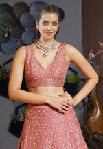 Dazzling Peach Color Satin Fabric Party Wear Lehenga