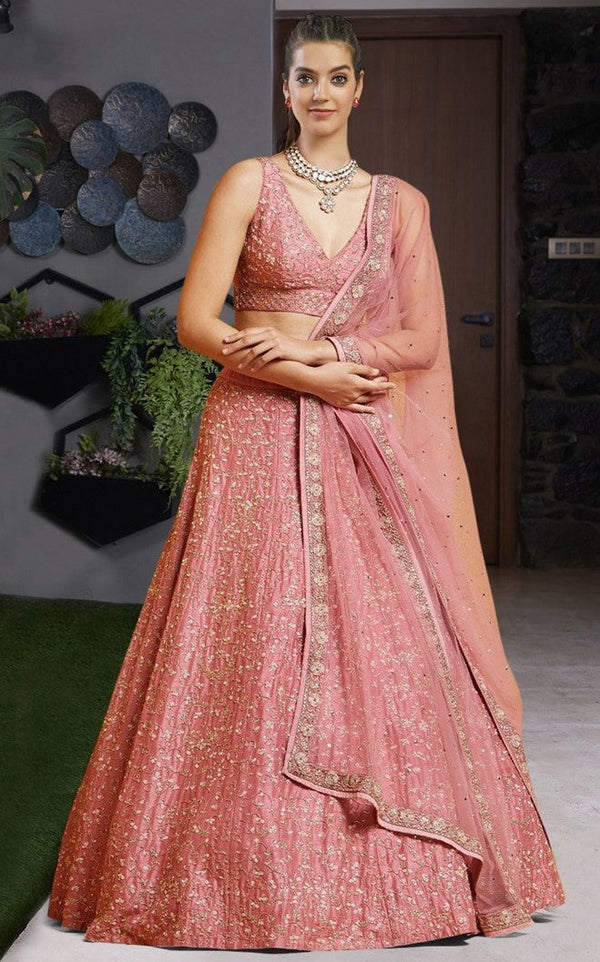 Dazzling Peach Color Satin Fabric Party Wear Lehenga