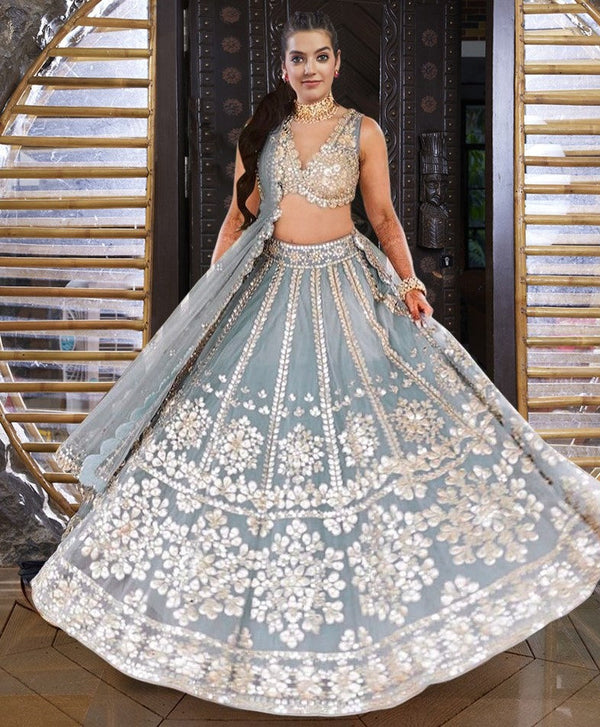 Dazzling Grey Color Net Fabric Party Wear Lehenga