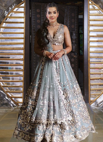 Dazzling Grey Color Net Fabric Party Wear Lehenga