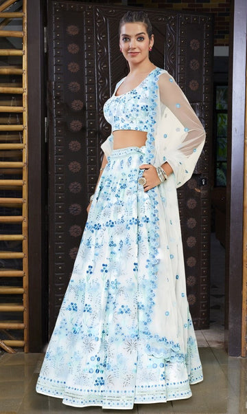 Dazzling White Color Georgette Fabric Party Wear Lehenga