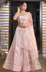 Amazing Peach Color Georgette Fabric Party Wear Lehenga