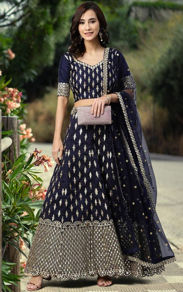 Amazing Navy Blue Color Silk Fabric Party Wear Lehenga