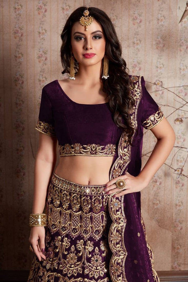Amazing Wine Color Velvet Fabric Party Wear Lehenga