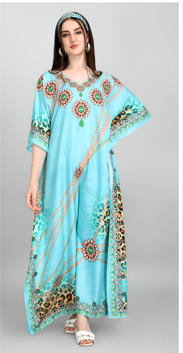 Dazzling Aqua Color Polyester Fabric Designer Kaftan